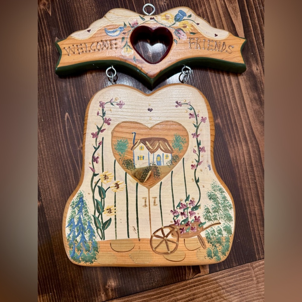 Vintage Folk Art Wooden Welcome Friends Sign Hand Made in Mexico